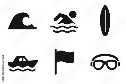 Surfing and swimming icons: waves, surfboard, boat, flag, goggles