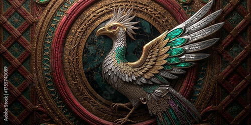 Wallpaper Mural Majestic ornate phoenix with shimmering metallic feathers in gold, silver, and teal, emerging from an intricate emerald and crimson circular pattern. Torontodigital.ca