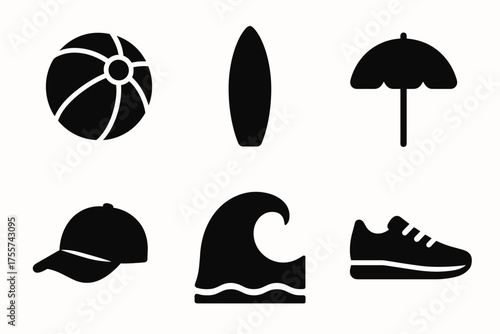 Beach icons: ball, surfboard, umbrella, cap, wave, sneaker silhouettes