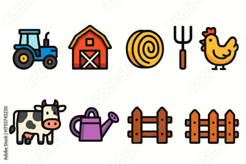 Colorful farm icons: tractor, barn, hay bale, pitchfork, chicken, cow, watering can, fence