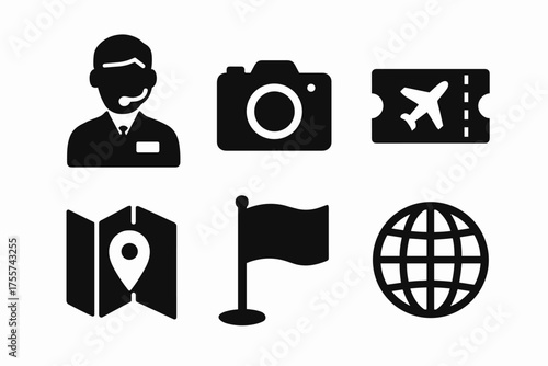 Travel icons: camera, air ticket, male support, map, flag, globe