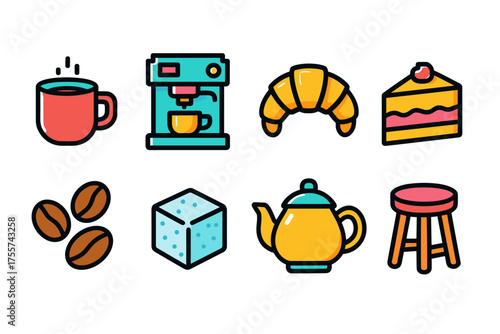 Colorful coffee and bakery icons with espresso machine and teapot
