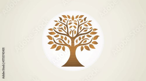 Stylized brown tree with autumnal leaves within a white circle