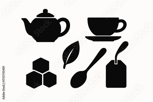 Tea set icons: teapot, cup, leaf, sugar, spoon, teabag silhouettes