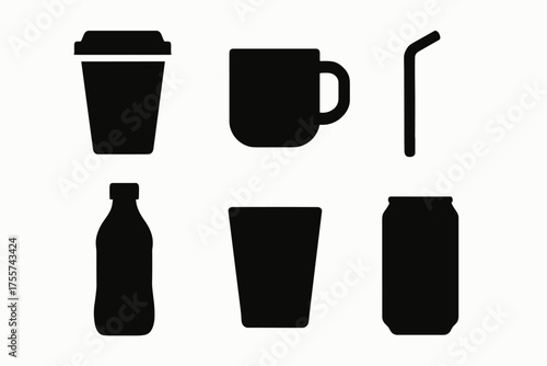 Black silhouette icons of various drinkware and containers on white background