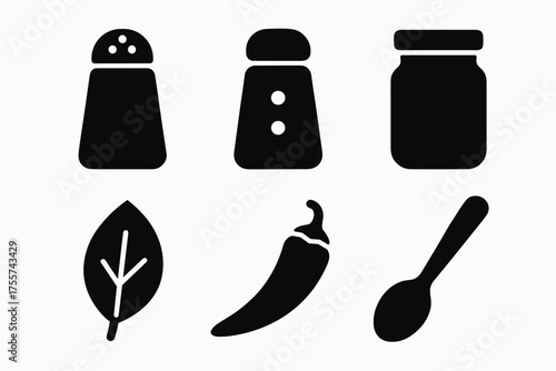 Black icon set of kitchen condiments and utensils: shaker, jar, leaf, chili, spoon