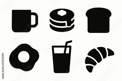 Icon set of breakfast foods: mug, pancakes, toast, fried egg, juice, croissant