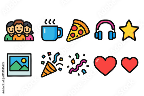 Colorful emoji collection: people, food, music, and celebration symbols