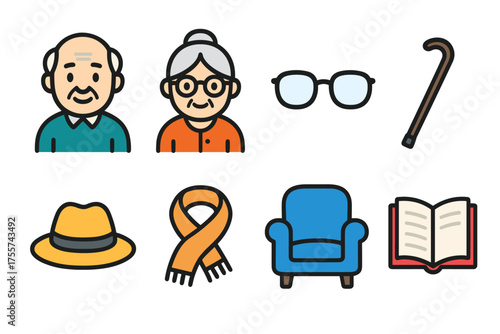 Elderly caucasian couple and senior lifestyle items illustrated