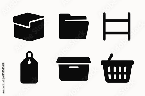 Collection of black storage and organization icons on white background