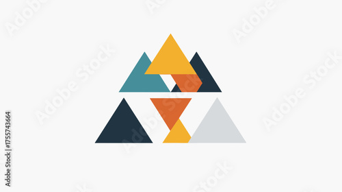 Interlocking geometric triangles in warm and cool tones arranged in a symmetrical pattern