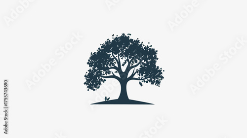 Silhouette of a leafy tree with two small plants at its base on white