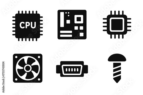 Set of computer hardware icons including cpu, motherboard, fan, and screw