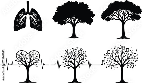 Human lungs illustration, tree silhouette art, heart health symbol, EKG line design, nature connection, music inspiration, medical anatomy concept, wellness