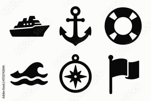 Marine navigation icons: ship, anchor, lifebuoy, waves, compass, flag