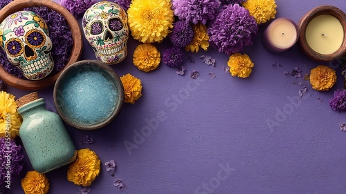 Mexican Day of the Dead Party Banner | Sugar Skulls, Marigolds and Candles on Purple Background | Festival Web Design and Commercial Promotion Template