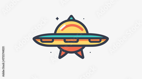 A colorful cartoon-style flying saucer with three landing legs