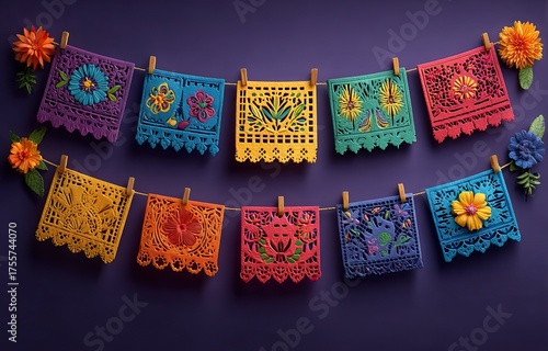 Colorful Mexican Paper Cut-out Garland of Banners and Flags on Purple Background, Perfect for Festival Decor, Cultural Celebration, and Party Design