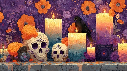 Day of the Dead Colorful Illustration with Skulls and Candles, Mexican Style, Purple Background with Orange Flowers, Cartoon Vector Art, Bright Flat Colors, High-Resolution Symmetrical Composition