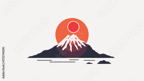 Stylized volcano with a large sun behind it, against a white background
