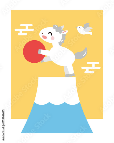 富士山と馬と小鳥のイラスト　午年　年賀素材　初日の出