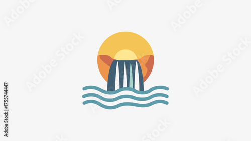 Stylized waterfall flows into wavy ocean under a sun