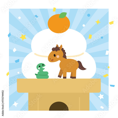 鏡餅の上の馬と蛇のイラスト　午年　年賀素材