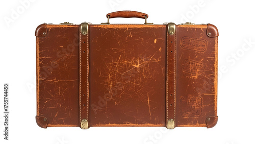 Vintage Brown Leather Suitcase with Metal Accents on Transparent Background