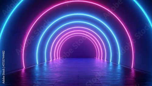 Fototapeta Naklejka Na Ścianę i Meble -  Vibrant neon archway tunnel with glowing pink and blue lights reflecting on a wet floor isolated on transparent background