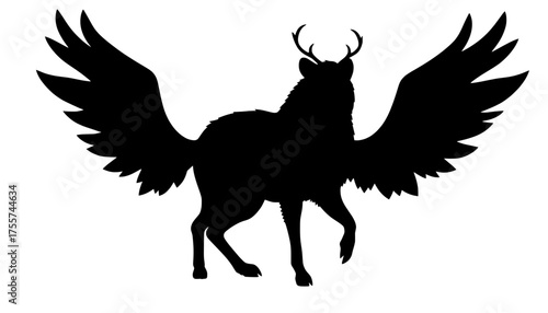 silhouette of a mythical winged creature with antlers, a fusion of wolf and deer