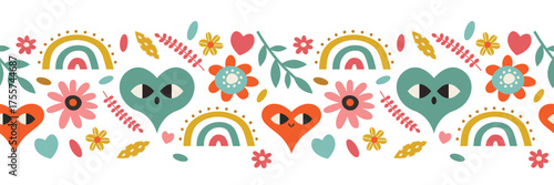 Colorful Hearts and Flowers Seamless Border. Ideal for Valentines day designs