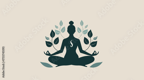 Silhouette of person meditating with plant motifs and a subtle flame symbol