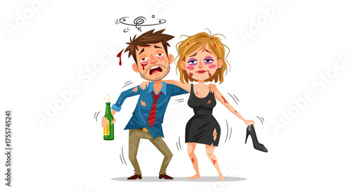 Drunk Couple Walking Together Illustration of a Man and Woman with Alcohol Bottle