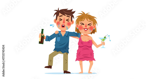 Drunk Couple Stumbles Home After A Night Out, Holding Drinks
