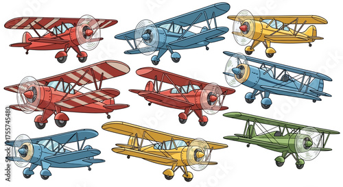 Vibrant collection of colorful retro biplanes. Classic propeller aircraft set isolated on a white background for aviation design