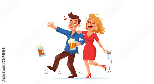A humorous cartoon illustration of a cheerful drunk couple staggering together after a party with beer and a cocktail