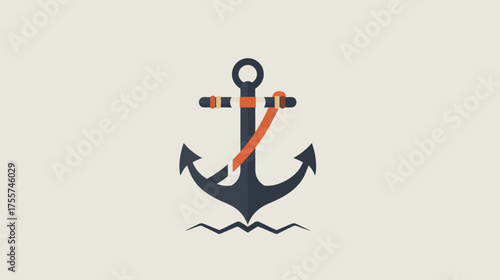 A stylized dark anchor with orange accents rests above simple waves