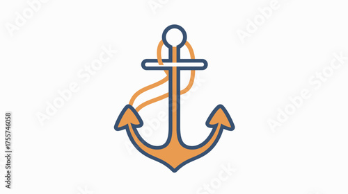 A blue and orange nautical anchor with rope, centered on a white background