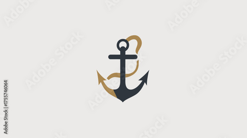Minimalist dark gray and gold anchor with rope on a pale background