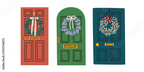 Entrance doors set decorated with traditional Christmas wreath in cartoon retro style. Xmas decorated home front door. Winter holiday vector illustration