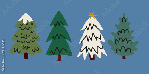 Christmas tree set in doodle flat style. Cozy cheerful winter elements and shapes for greeting cards, stickers, patches, labels, stamps. Hand drawn winter tree vector illustrations