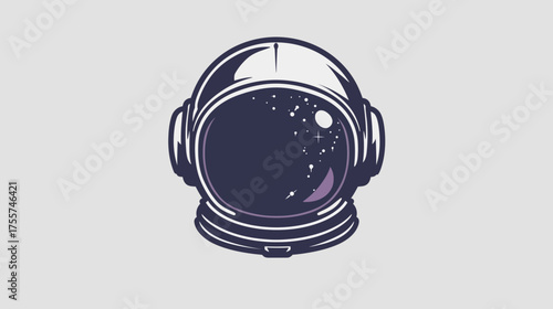 Stylized astronaut helmet reflection shows stars and a planet