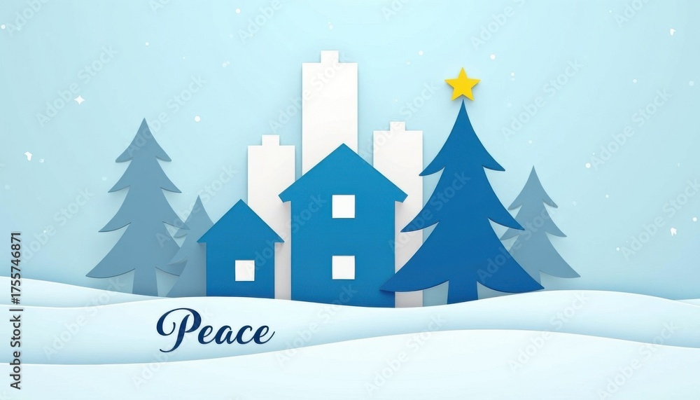 Fototapeta premium Minimalist paper-cut winter village with snowy hills, pine trees and a glowing star. Calm, serene and dreamy — perfect for cards, decor or tranquil seasonal designs.