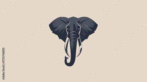 Stylized, dark gray elephant head with large tusks on a light tan background