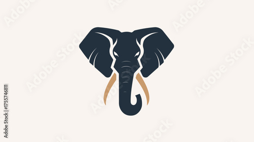 Stylized dark blue elephant head with prominent tan tusks on light background