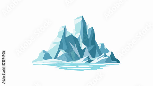 Jagged blue icebergs rise from a calm, icy sea in a minimalist, geometric style