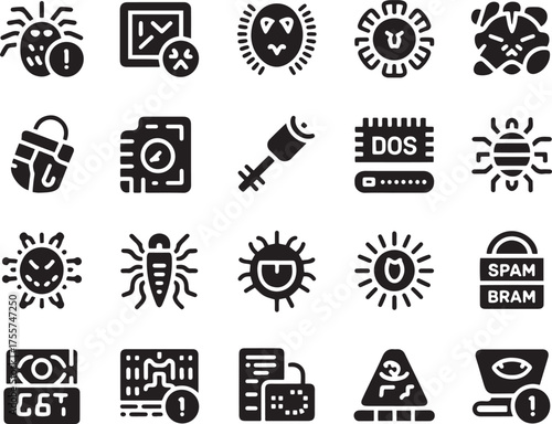 Collection of 20 glyph style icons representing cybersecurity threats and digital security measures