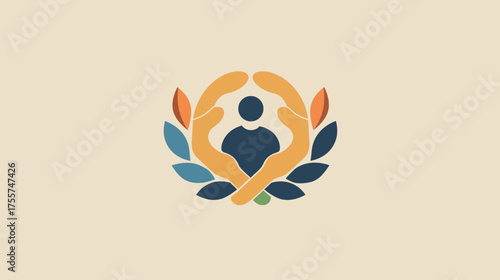Abstract logo with embracing hands, human figure, and leaves
