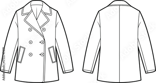 Double breasted coat fashion CAD, technical flat sketch, vector illustration, front and back view, apparel design template, garment construction drawing