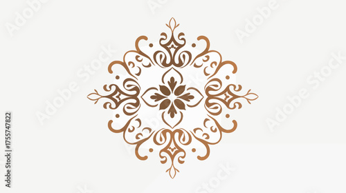 Intricate bronze ornate mandala with floral and scroll motifs on white